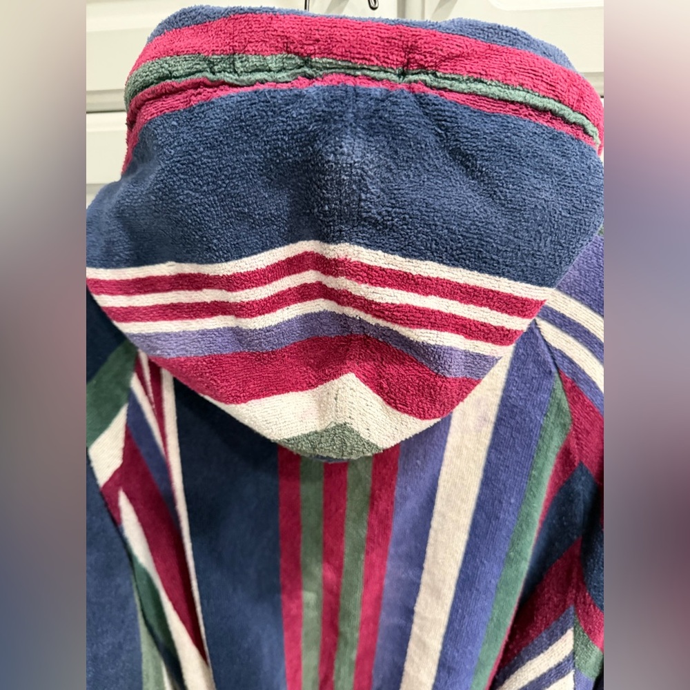 BILL BLASS Terry Cloth Vintage Striped Hooded Bathrobe belt & pockets 3/4 sleeve - Picture 3 of 15